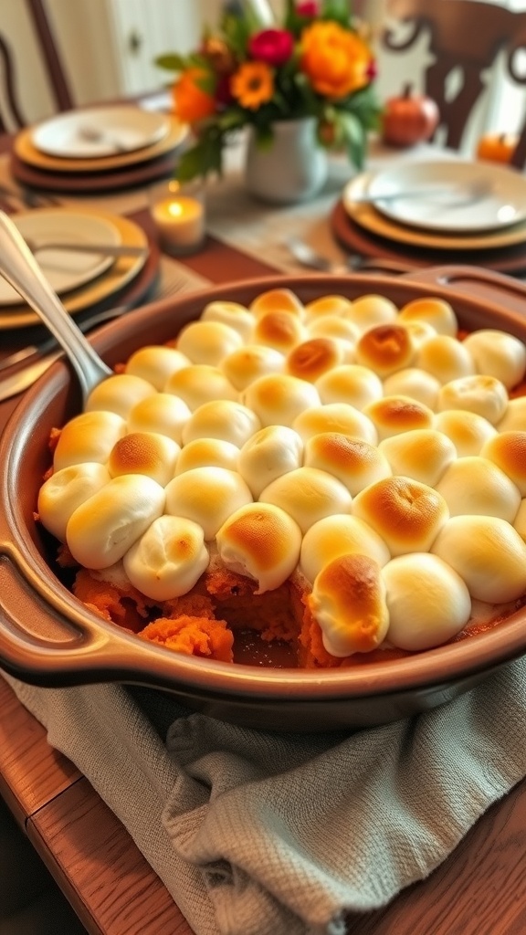 Sweet potato casserole with marshmallows, golden brown topping, served in a rustic dish on a festive table.
